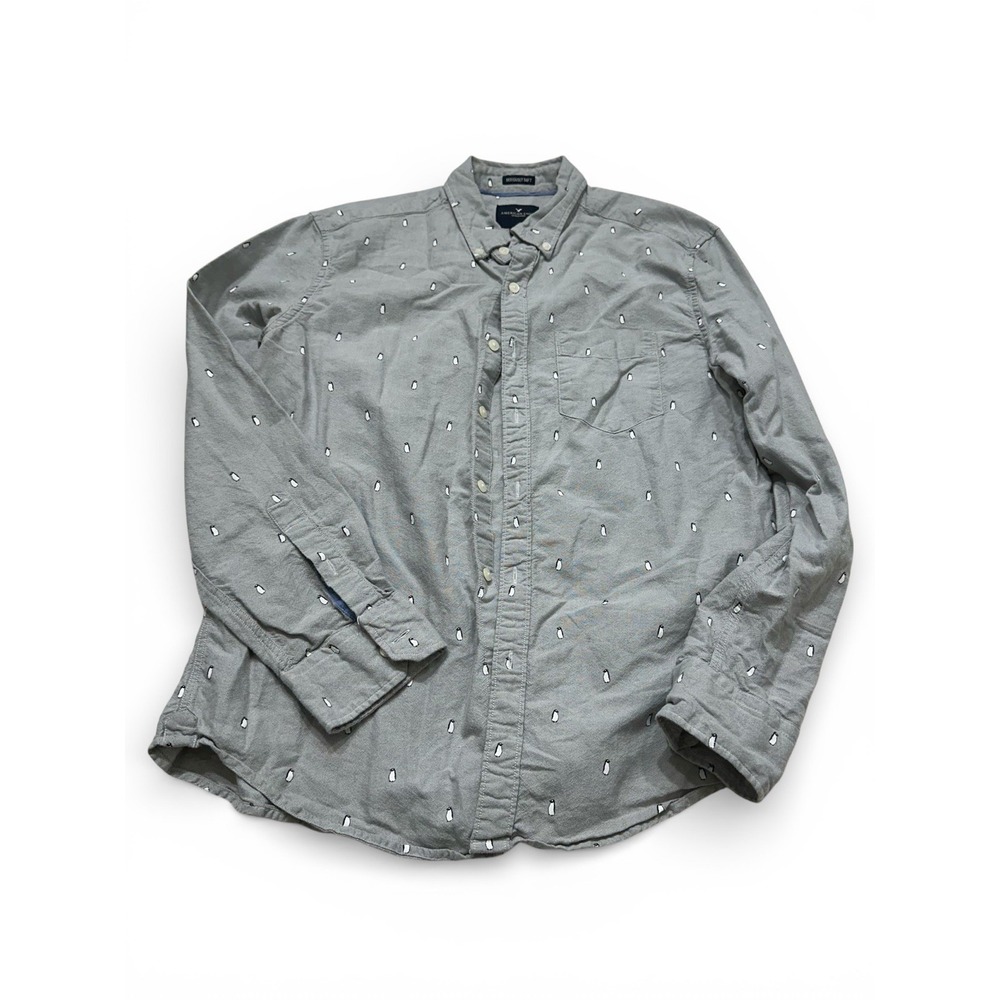 American Eagle Shirt Mens M Gray with Penguins Pocket Long Sleeve Button Down